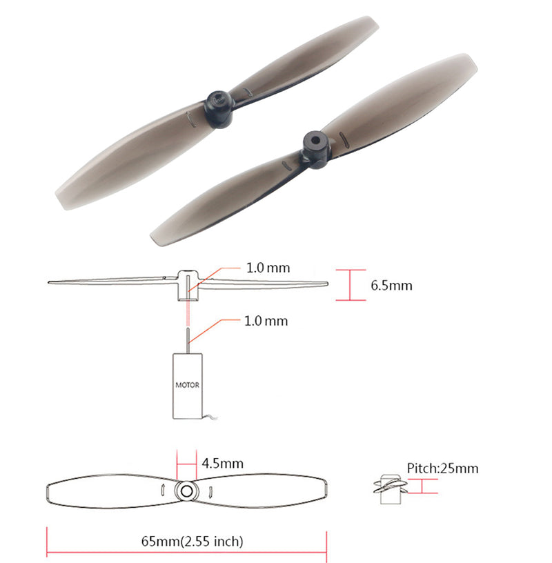 65mm 2-Blade Propeller w/ 1.5mm Mounting Hole 2.5" Prop for toothpick fpv drone